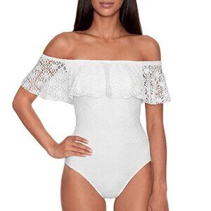 Lauren Ralph Lauren Crochet Ruffle Off-The-Shoulder One-Piece White